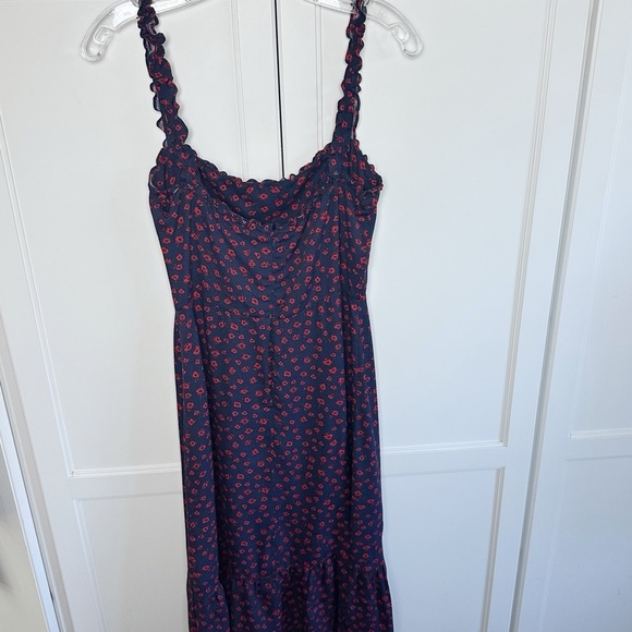 REFORMATION Virgil Dress Navy/Red Floral Print Ruffle Strap GRANADA Crepe Midi - Picture 4 of 16